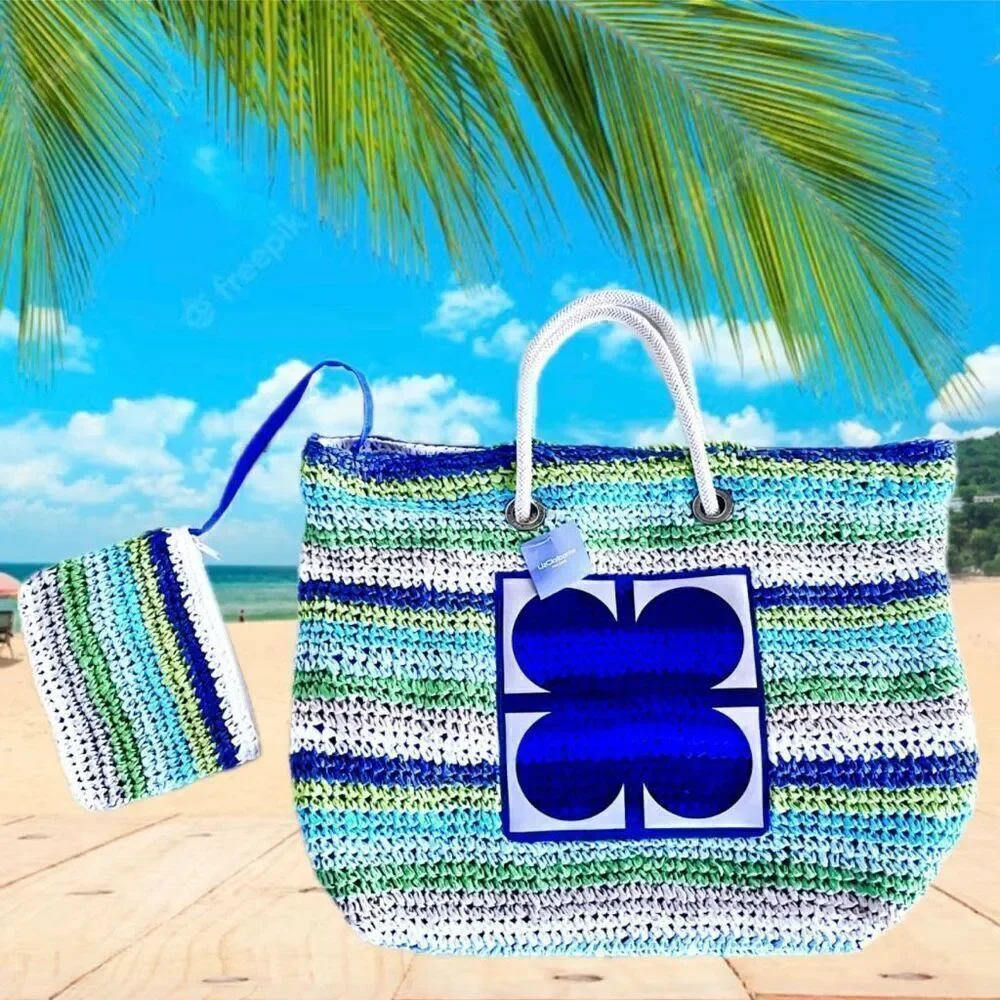NWT Gorgeous Liz Claiborne Blue Green White Raffia Straw Big Tote Bag & pouch